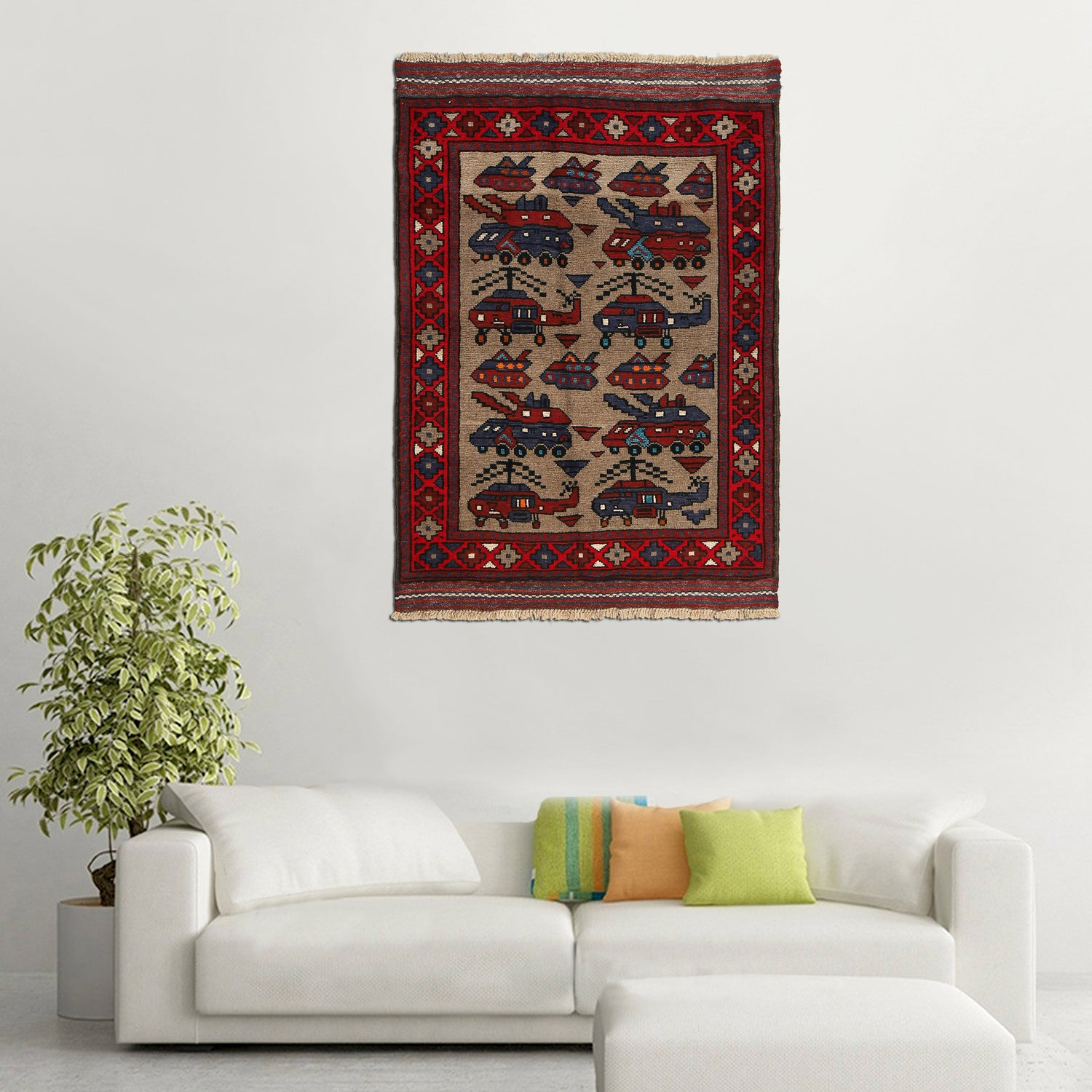 War Area Rug Handmade Brown Tank + Helicopter 3x5 ft