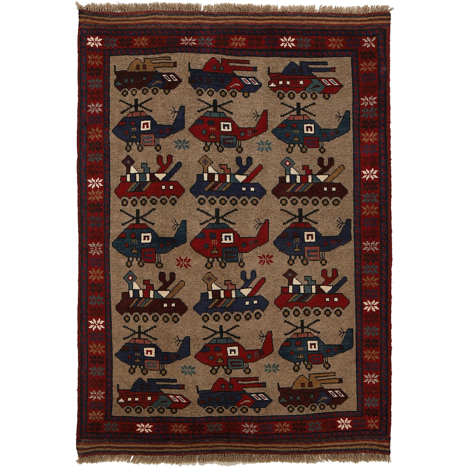 War Area Rug Handmade Brown Tank + Helicopter 3x5 ft