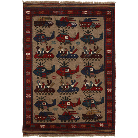War Area Rug Handmade Brown Tank + Helicopter 3x5 ft