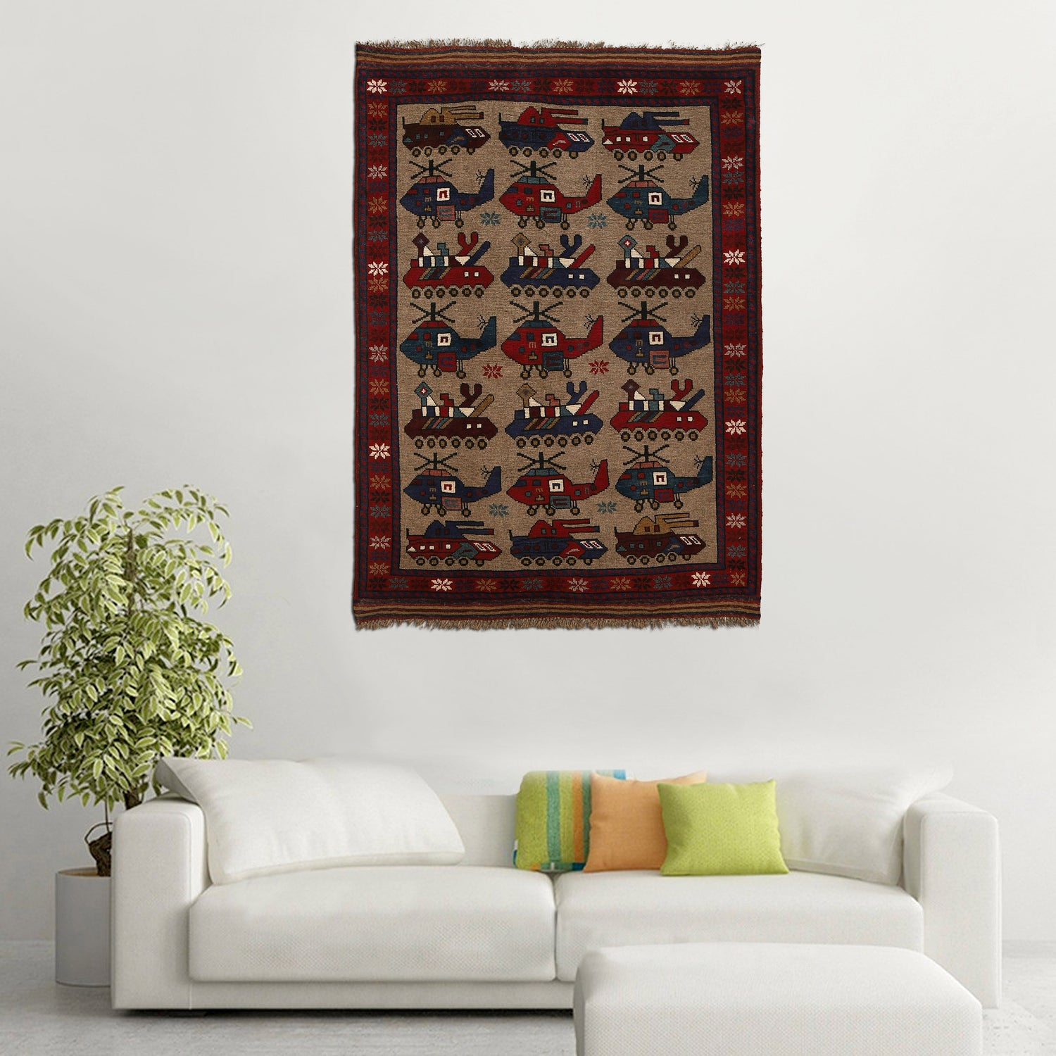 War Area Rug Handmade Brown Tank + Helicopter 3x5 ft