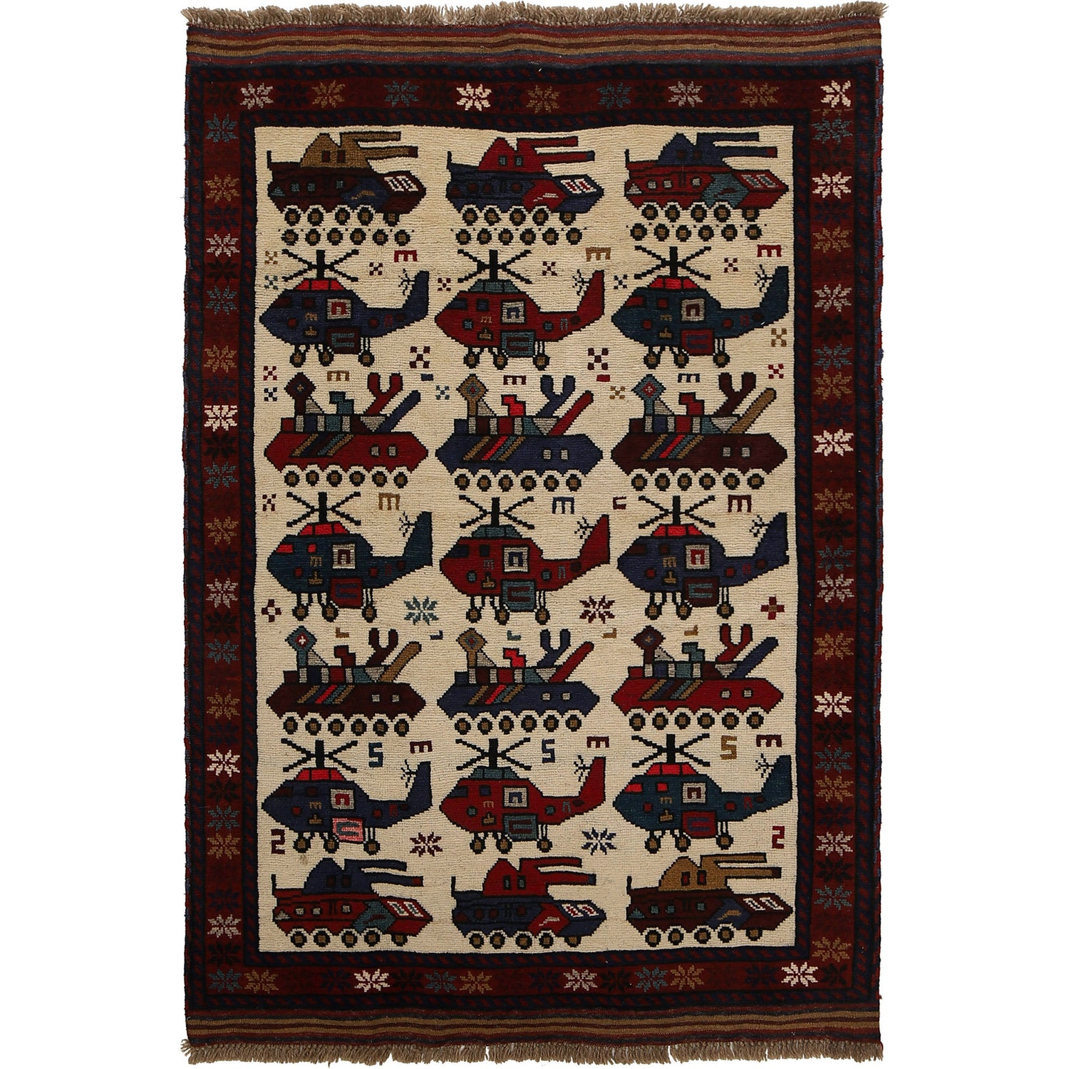 War Area Rug Handmade Ivory Tank + Helicopter 3x5 ft
