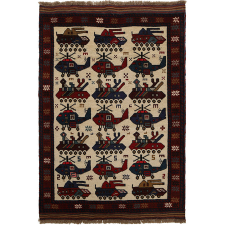 War Area Rug Handmade Ivory Tank + Helicopter 3x5 ft