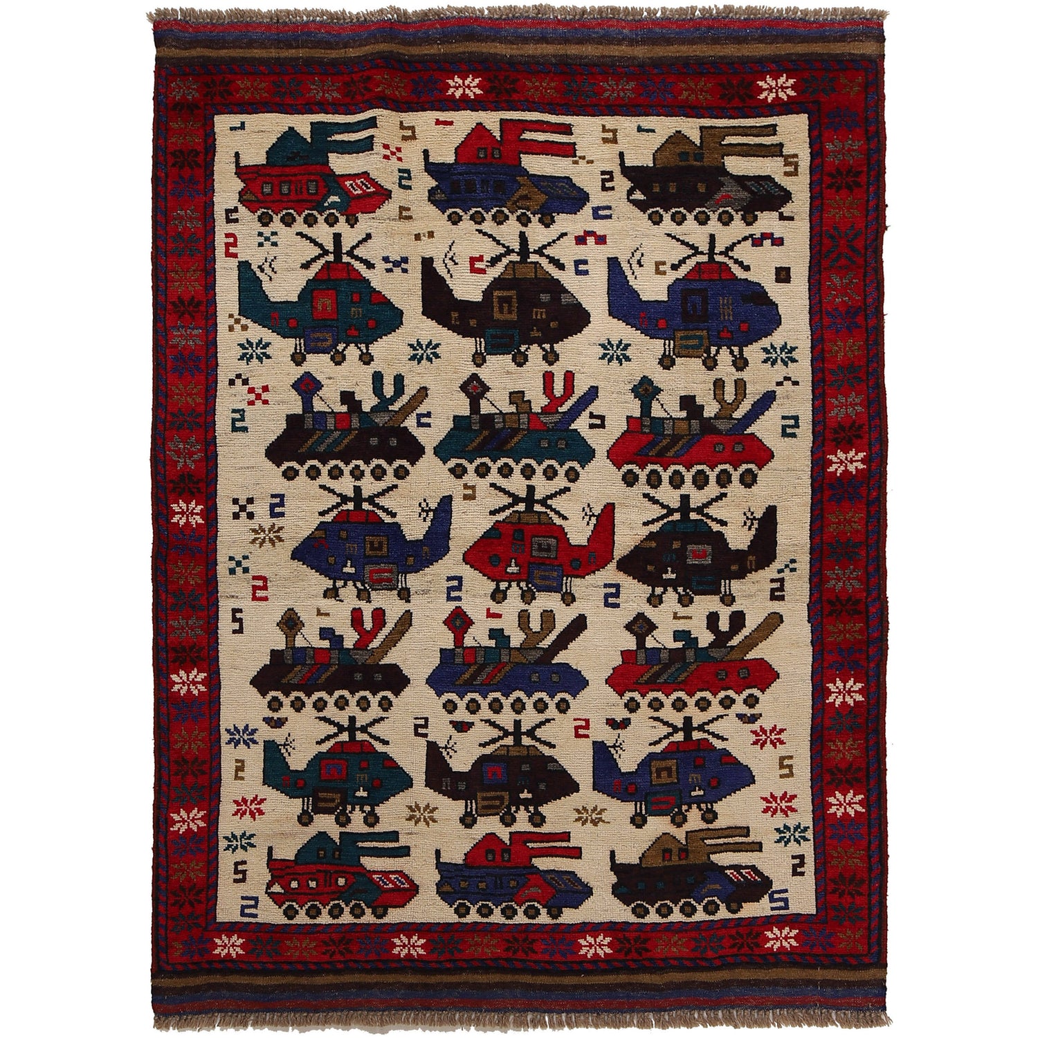 War Area Rug Handmade Ivory Tank + Helicopter 3x5 ft