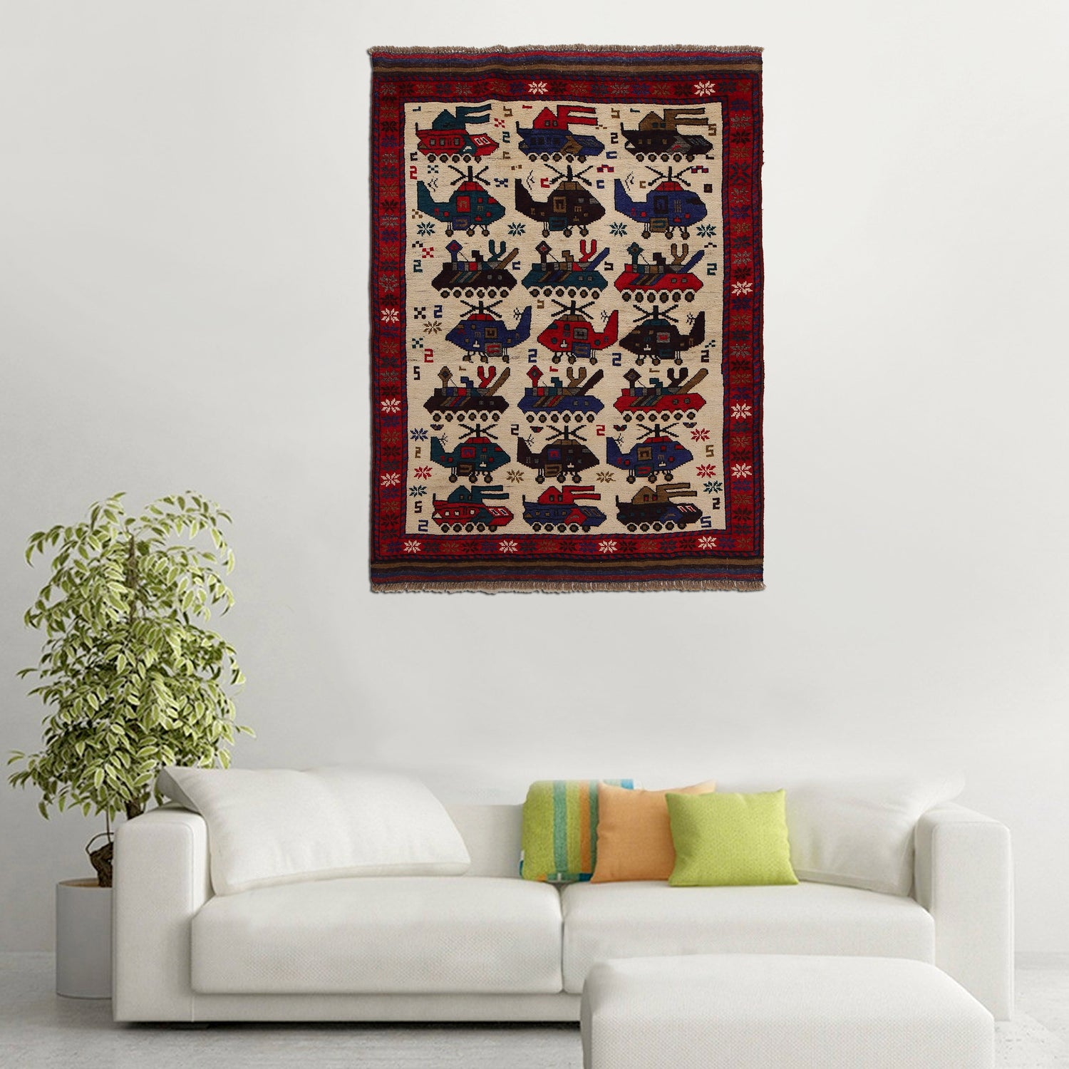 War Area Rug Handmade Ivory Tank + Helicopter 3x5 ft