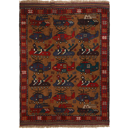 War Area Rug Handmade Brown Tank + Helicopter 2x4 ft