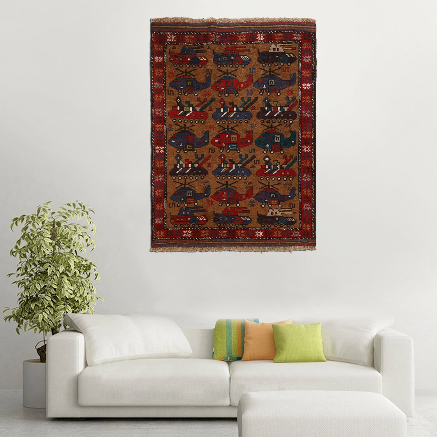 War Area Rug Handmade Brown Tank + Helicopter 2x4 ft
