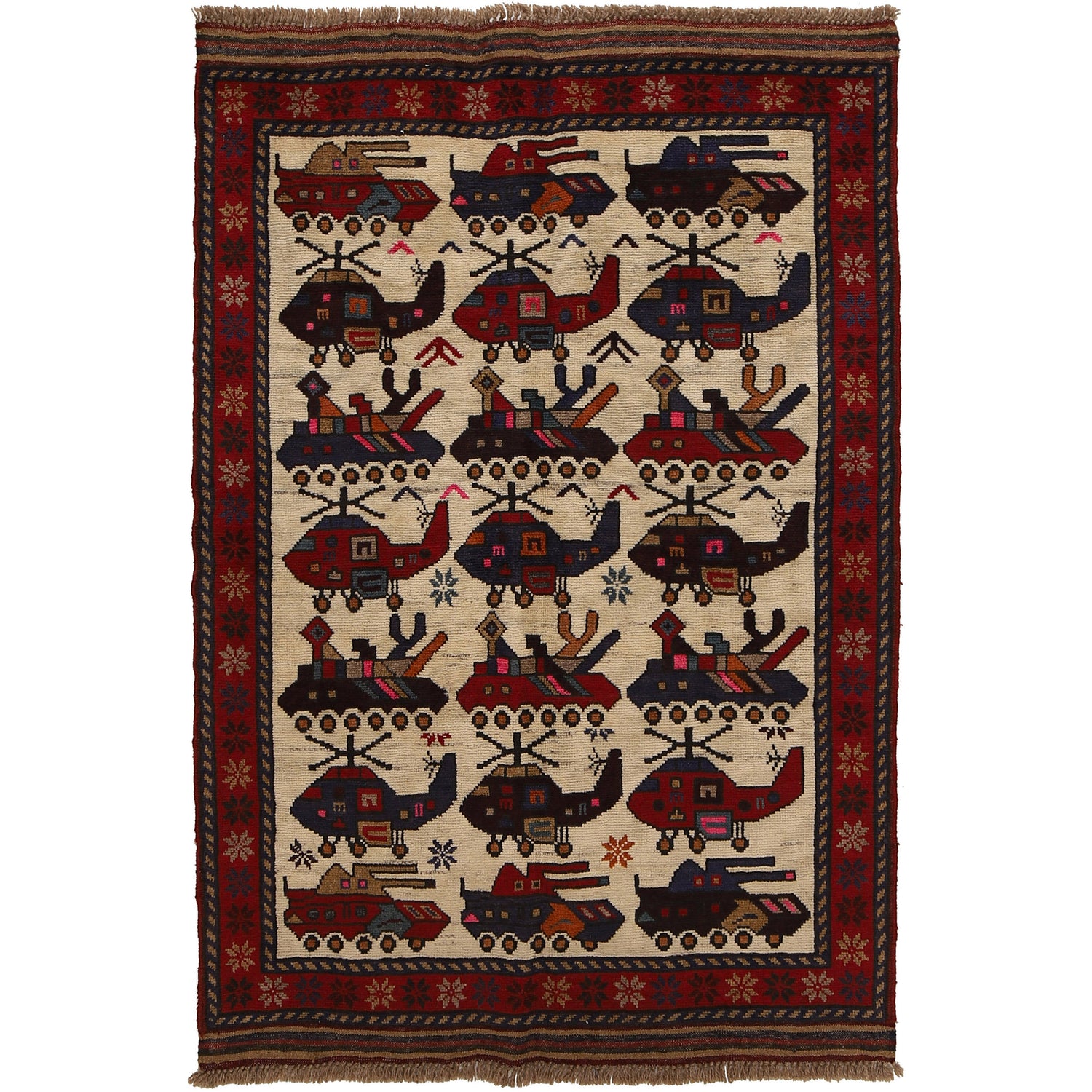 War Area Rug Handmade Ivory Tank + Helicopter 3x5 ft