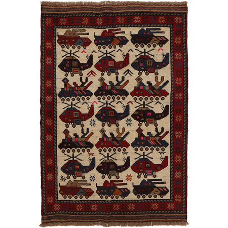 War Area Rug Handmade Ivory Tank + Helicopter 3x5 ft