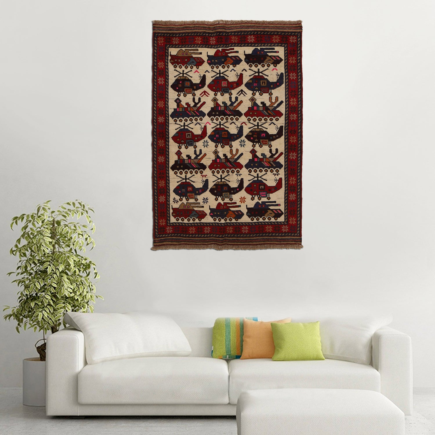 War Area Rug Handmade Ivory Tank + Helicopter 3x5 ft