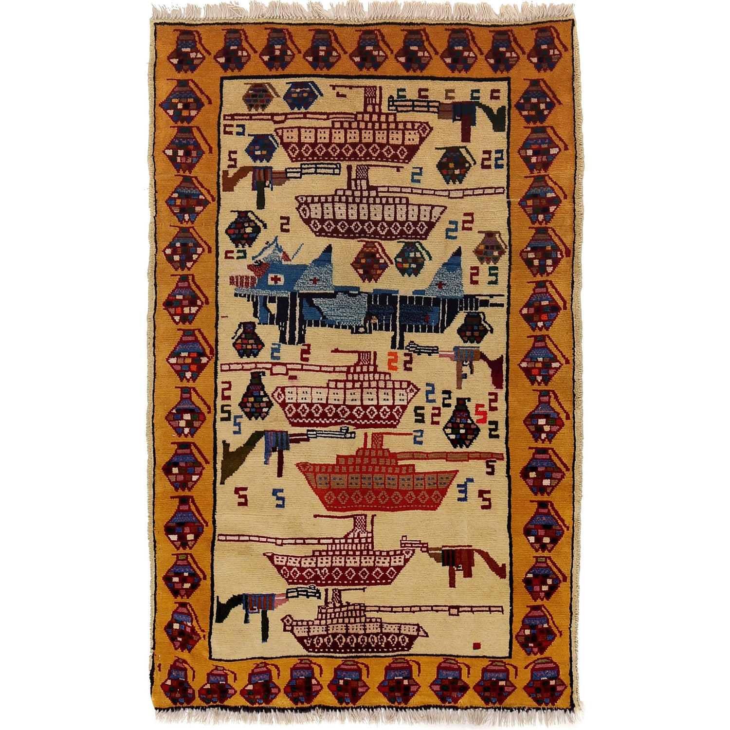 War Area Rug Handmade Ivory Tank + Riffle 3x5 ft