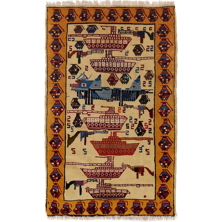 War Area Rug Handmade Ivory Tank + Riffle 3x5 ft