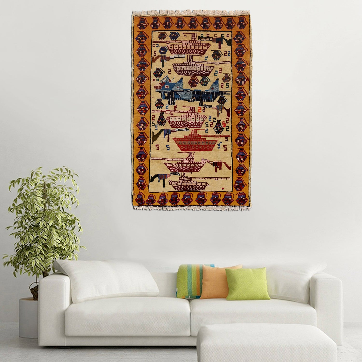 War Area Rug Handmade Ivory Tank + Riffle 3x5 ft