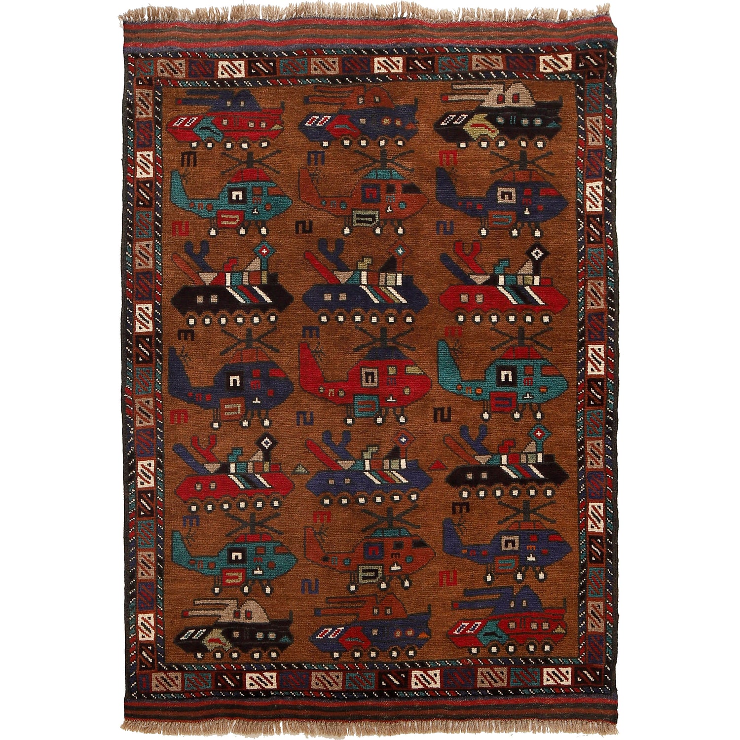 War Area Rug Handmade Brown Tank + Helicopter 3x5 ft