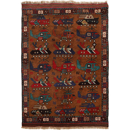 War Area Rug Handmade Brown Tank + Helicopter 3x5 ft