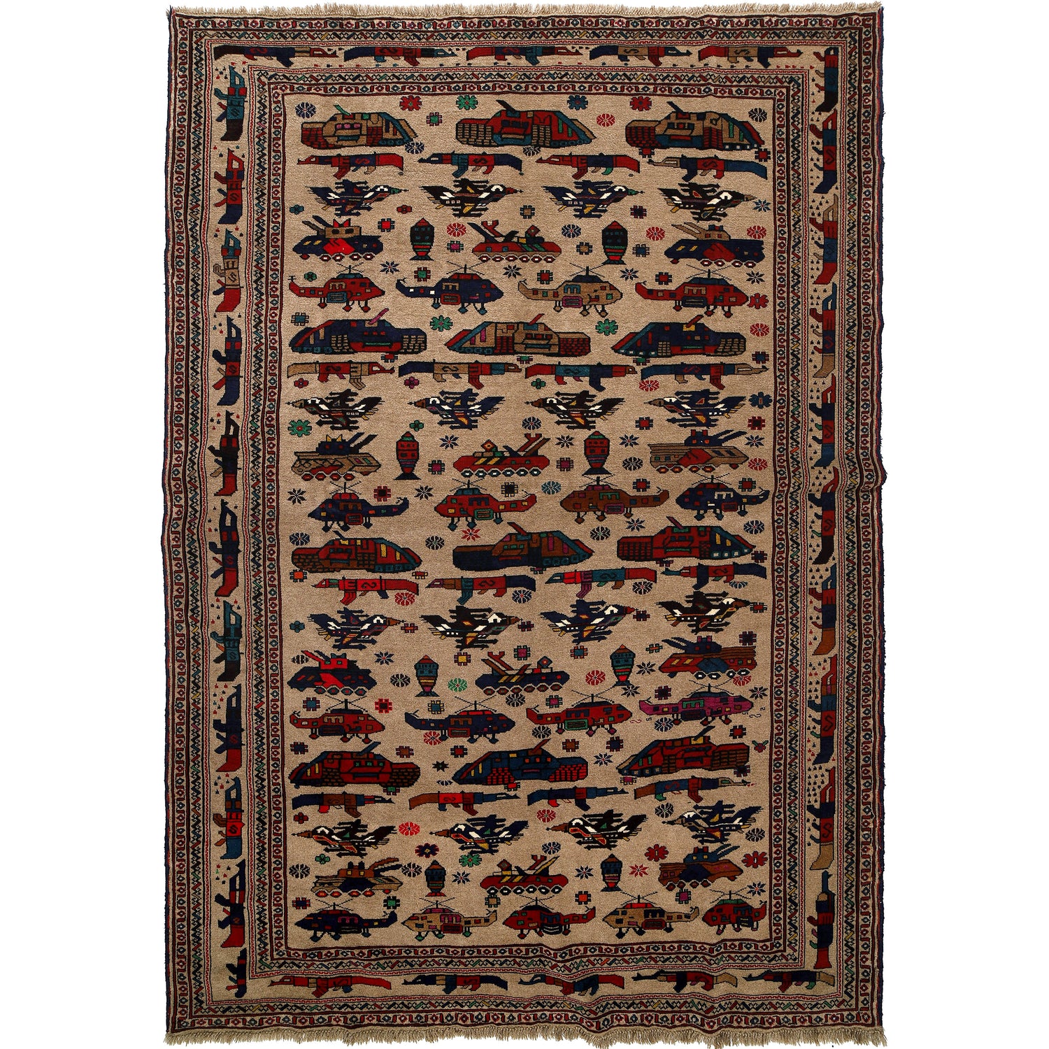 War Area Rug Handmade Brown Tank + Riffle + Helicopter 7x10