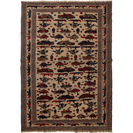 War Area Rug Handmade Brown Tank + Riffle + Helicopter 7x10