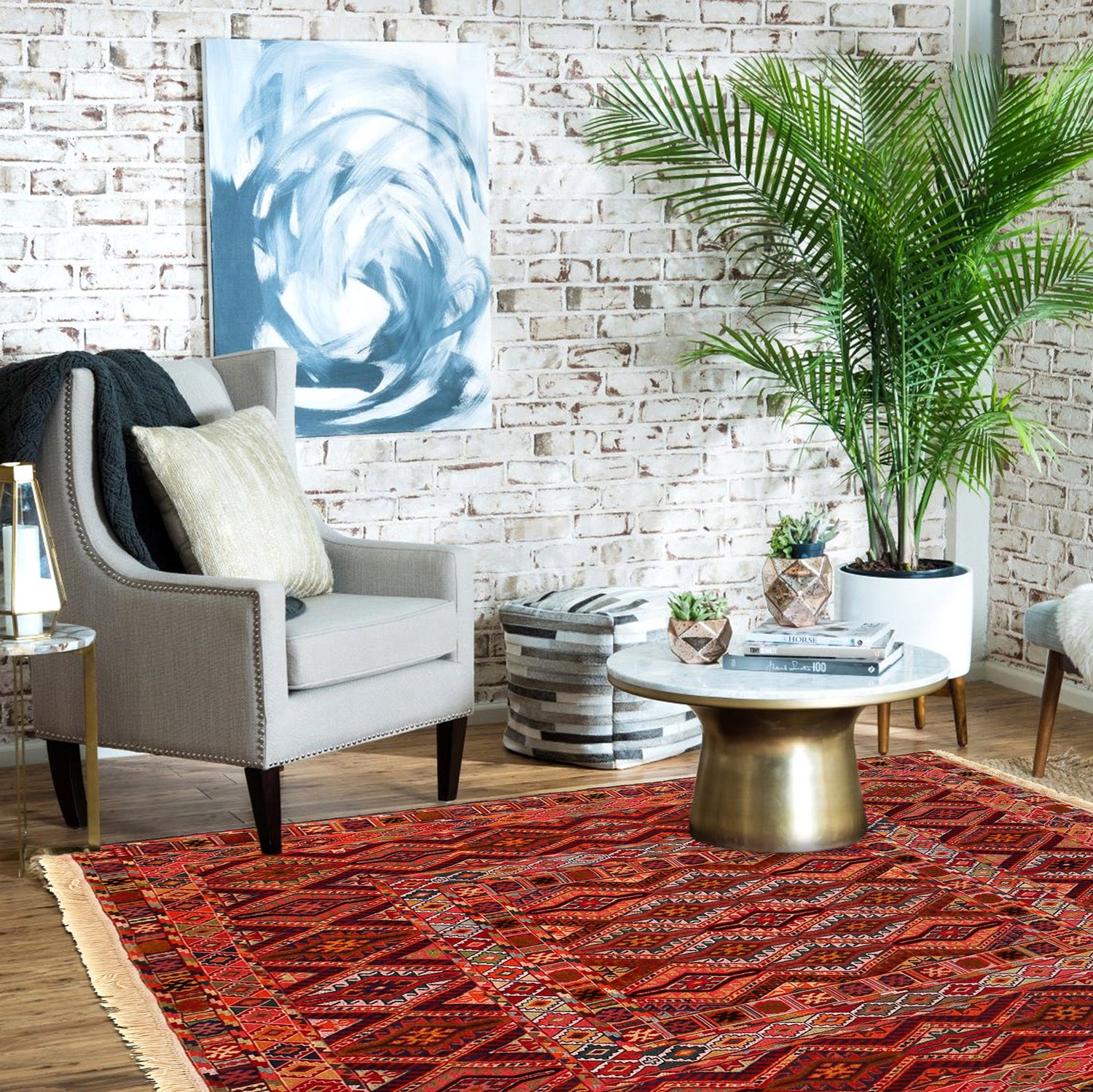 Nakhunak Kilim Area Rug Handmade Multi Geometric 5x6 ft