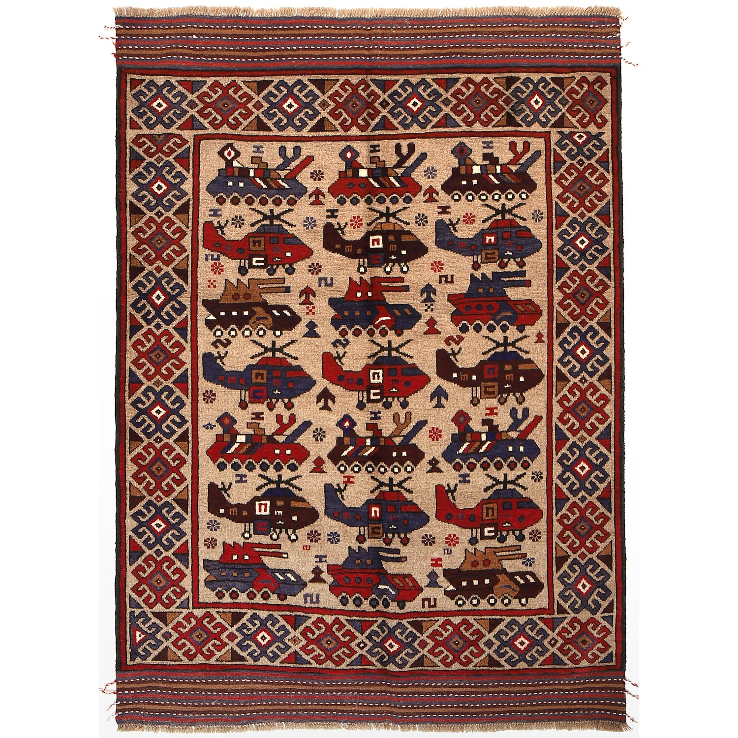 War Area Rug Handmade Brown Tank + Helicopter 4x6 ft