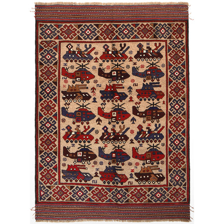 War Area Rug Handmade Brown Tank + Helicopter 4x6 ft