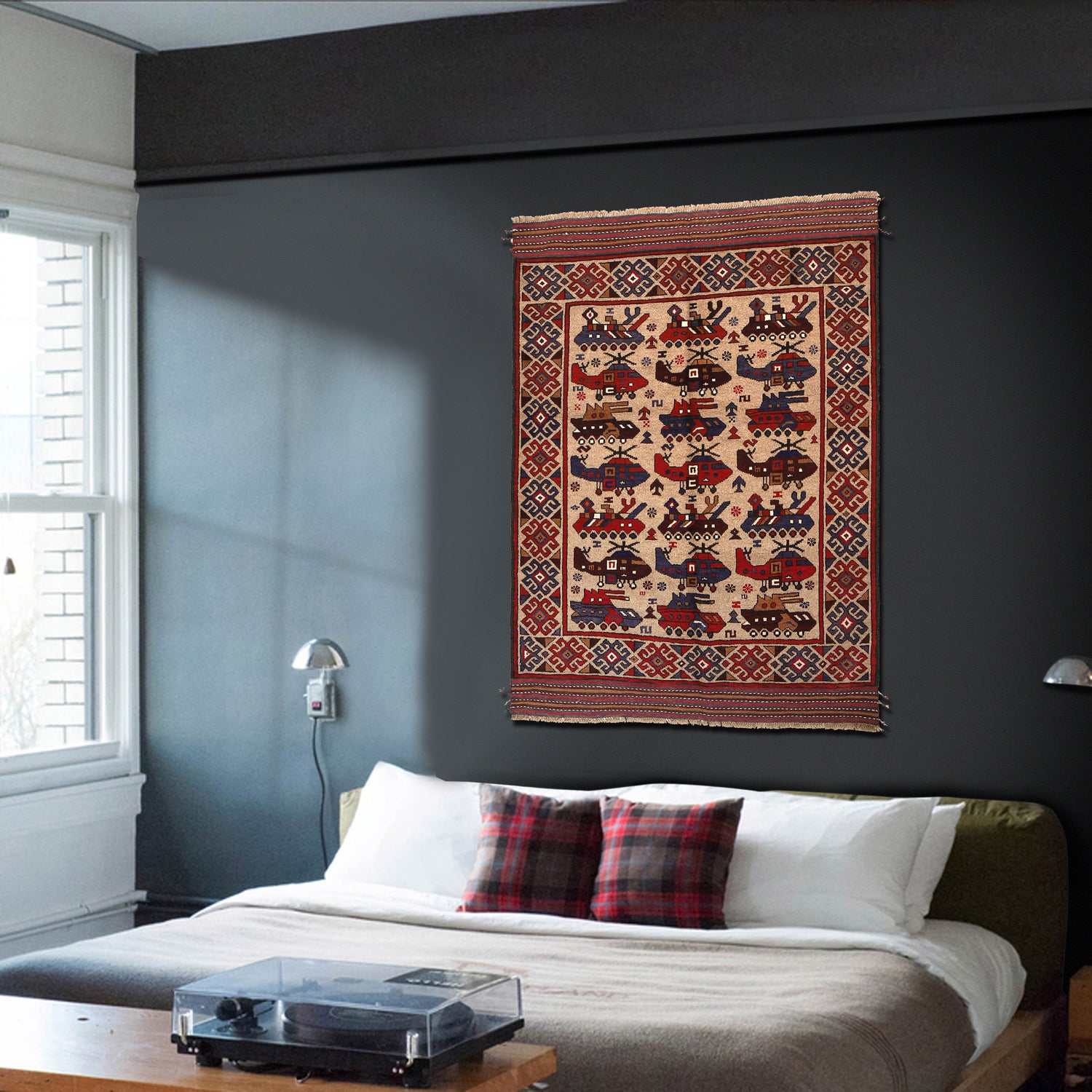 War Area Rug Handmade Brown Tank + Helicopter 4x6 ft