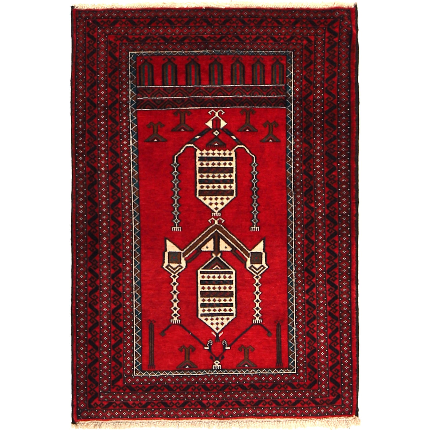 Baluchi Rug Handmade Red Prayer Design 2x4 ft