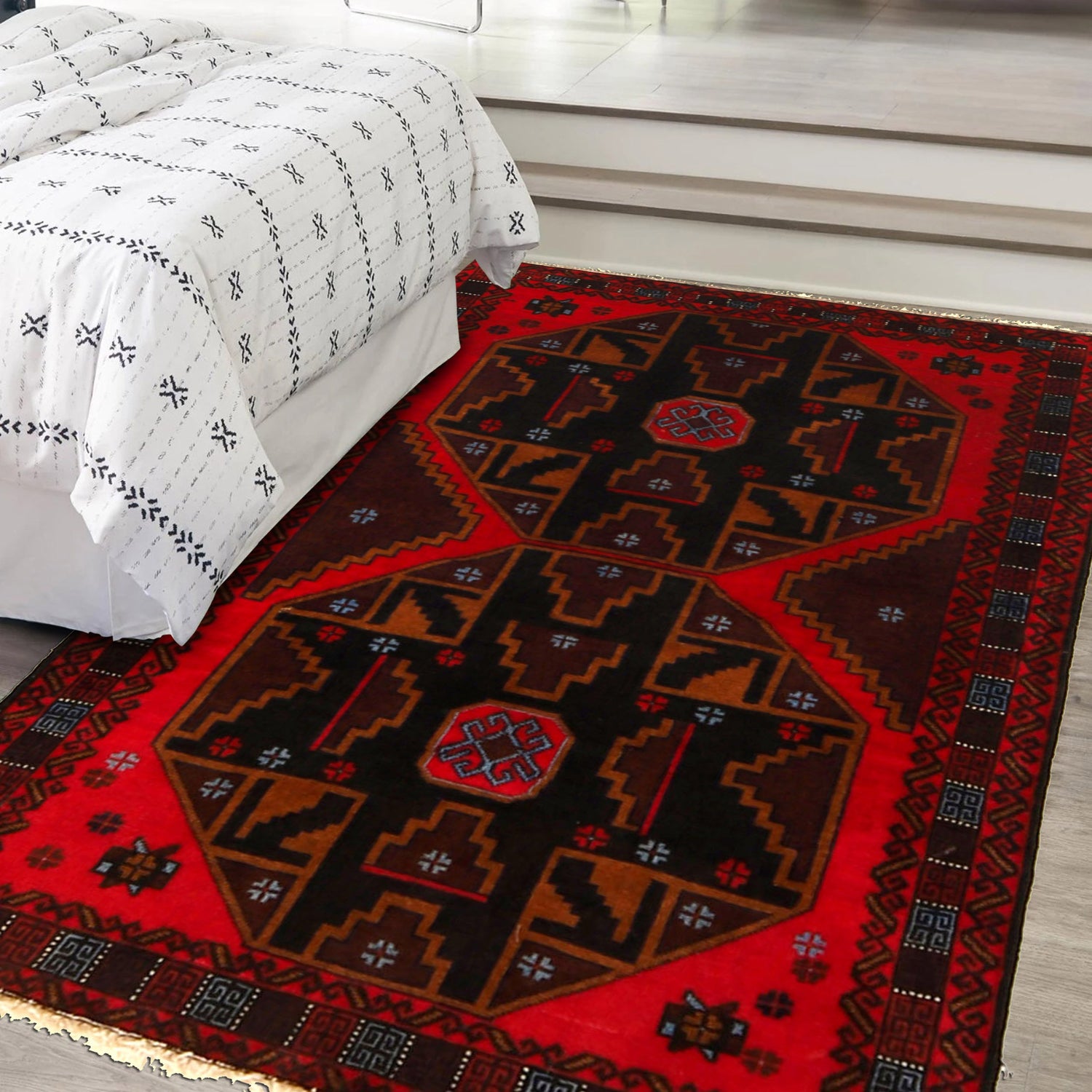 Baluchi Rug Handmade Red Geometric 3x5 ft