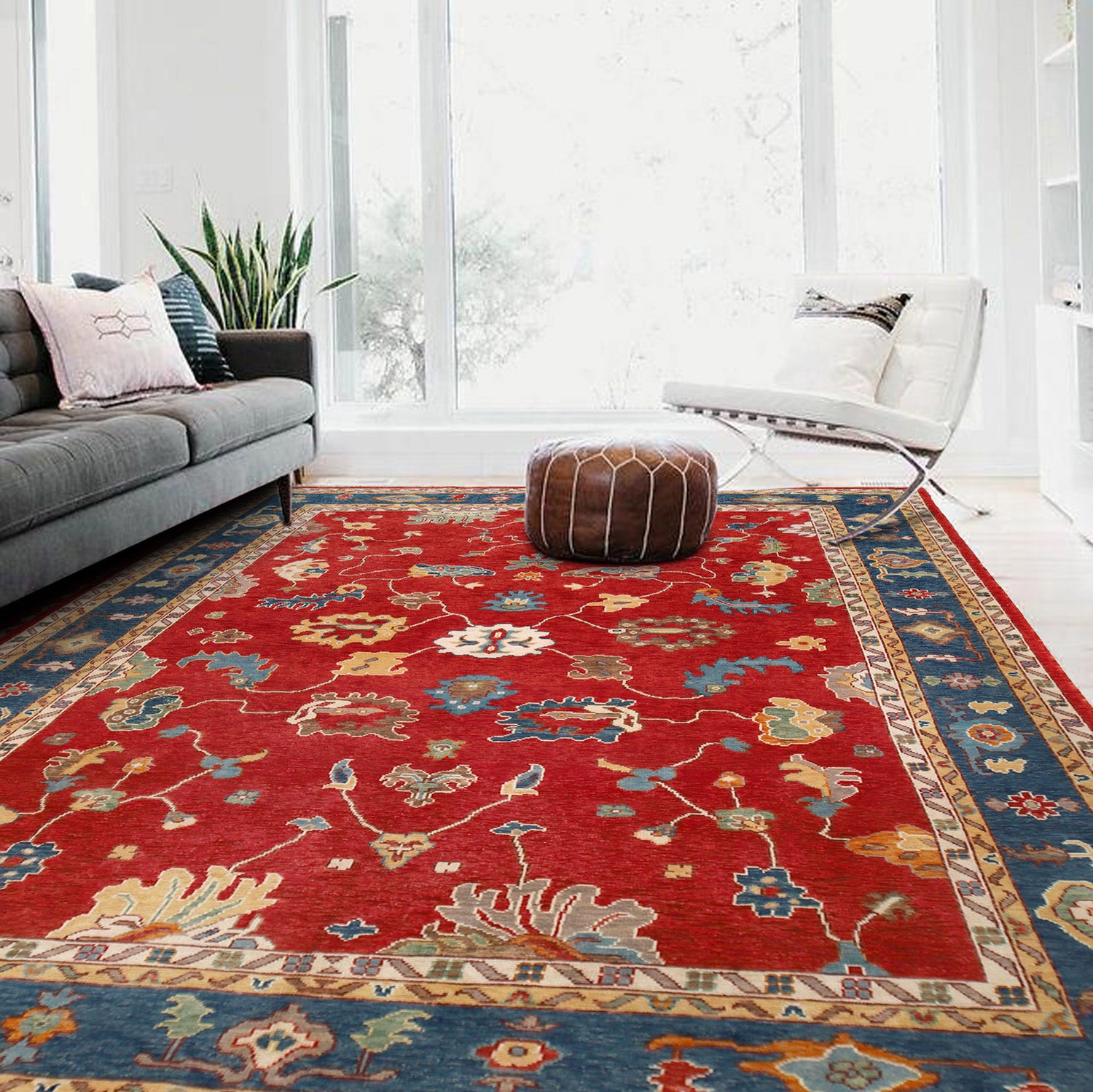 Oushak Area Rug Handmade Firebrick Floral 9x12 ft
