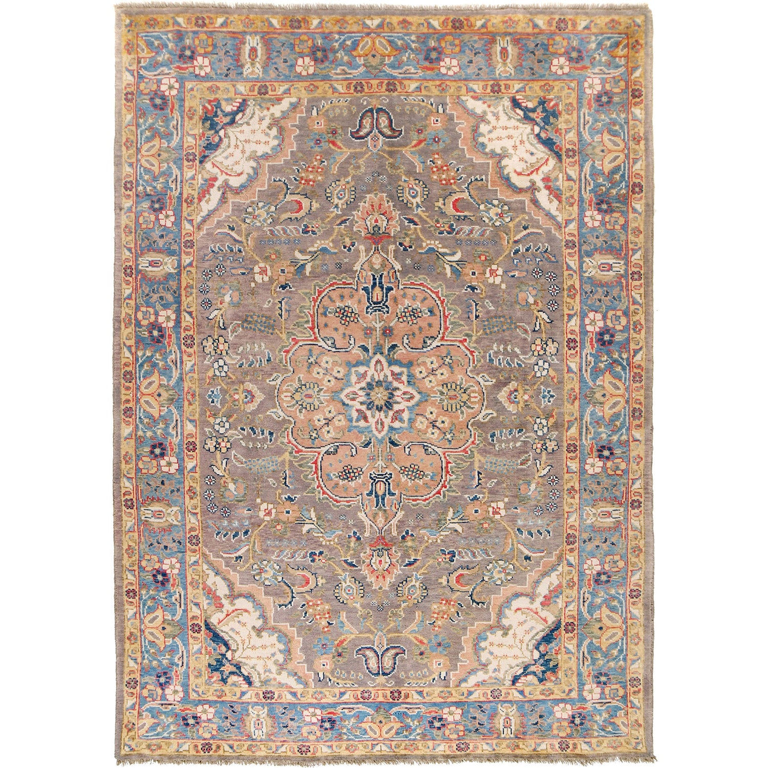 Heriz Area Rug Handmade Ivory Medallion 7x10 ft