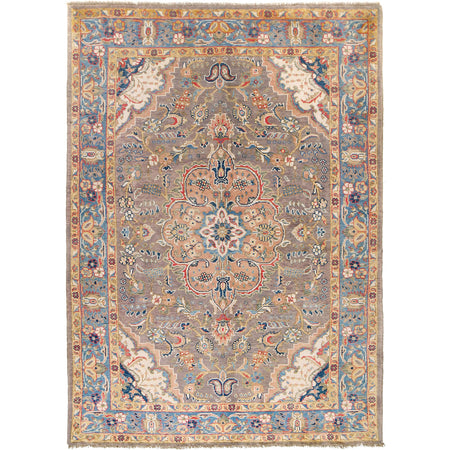 Heriz Area Rug Handmade Ivory Medallion 7x10 ft