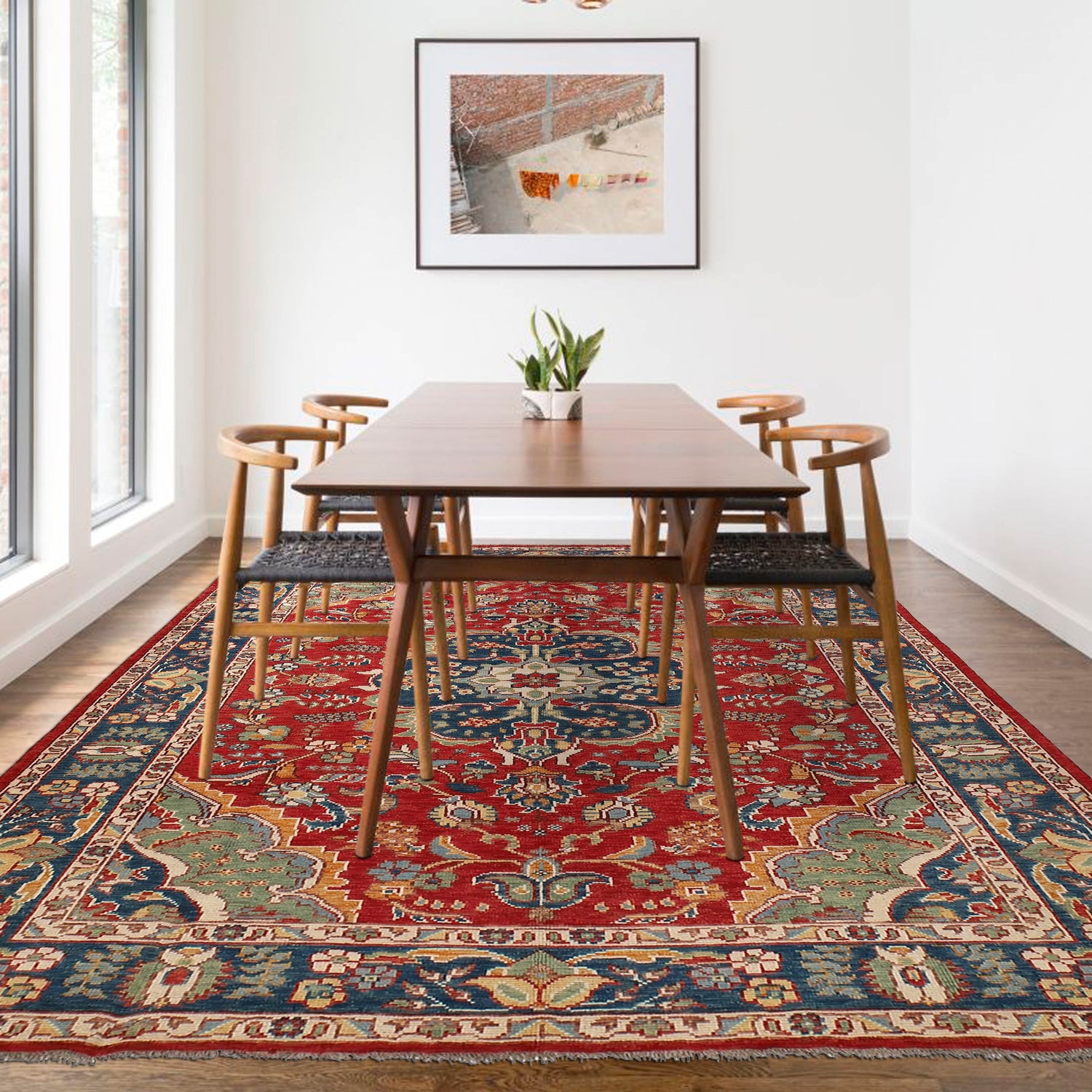 Heriz Area Rug Handmade Red Medallion 7x10 ft
