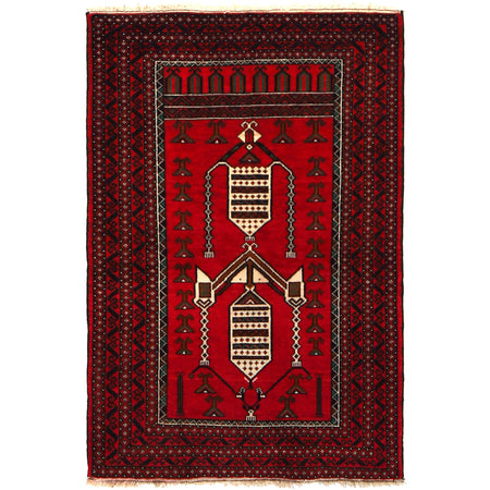 Baluchi Rug Handmade Red Geometric 3x5 ft