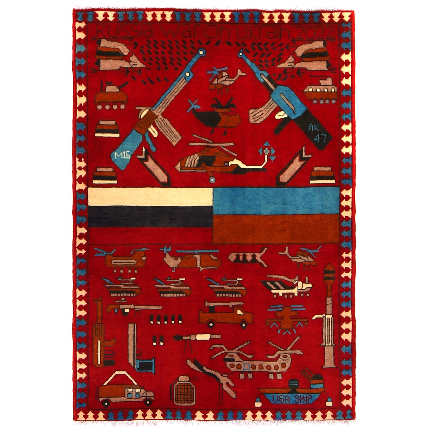 War Area Rug Handmade Red Riffle + Helicopter 3x5 ft