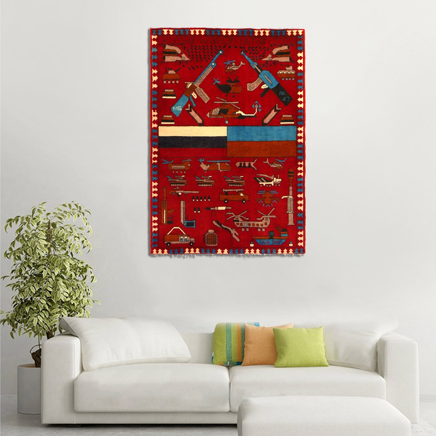 War Area Rug Handmade Red Riffle + Helicopter 3x5 ft