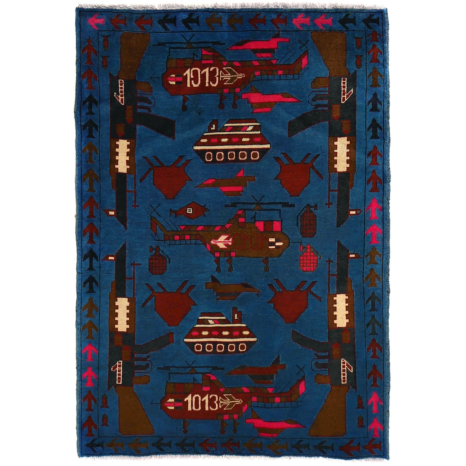 War Area Rug Handmade Blue Riffle + Helicopter 3x5 ft