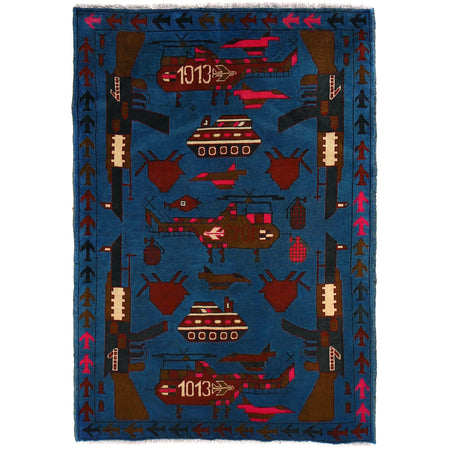 War Area Rug Handmade Blue Riffle + Helicopter 3x5 ft