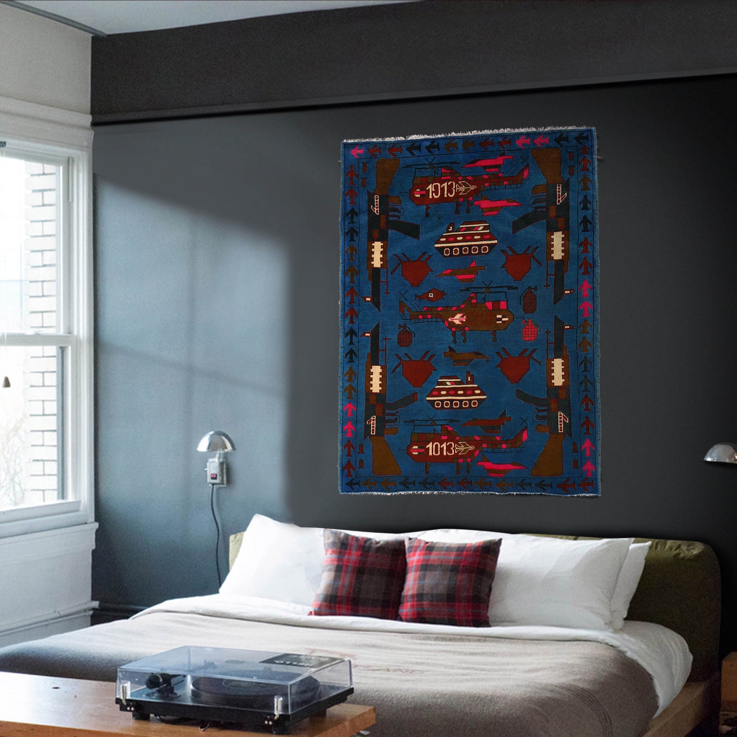 War Area Rug Handmade Blue Riffle + Helicopter 3x5 ft