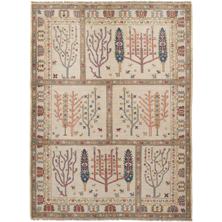 Tree Of Life Area Rug Handmade Beige Floral 5x8 ft