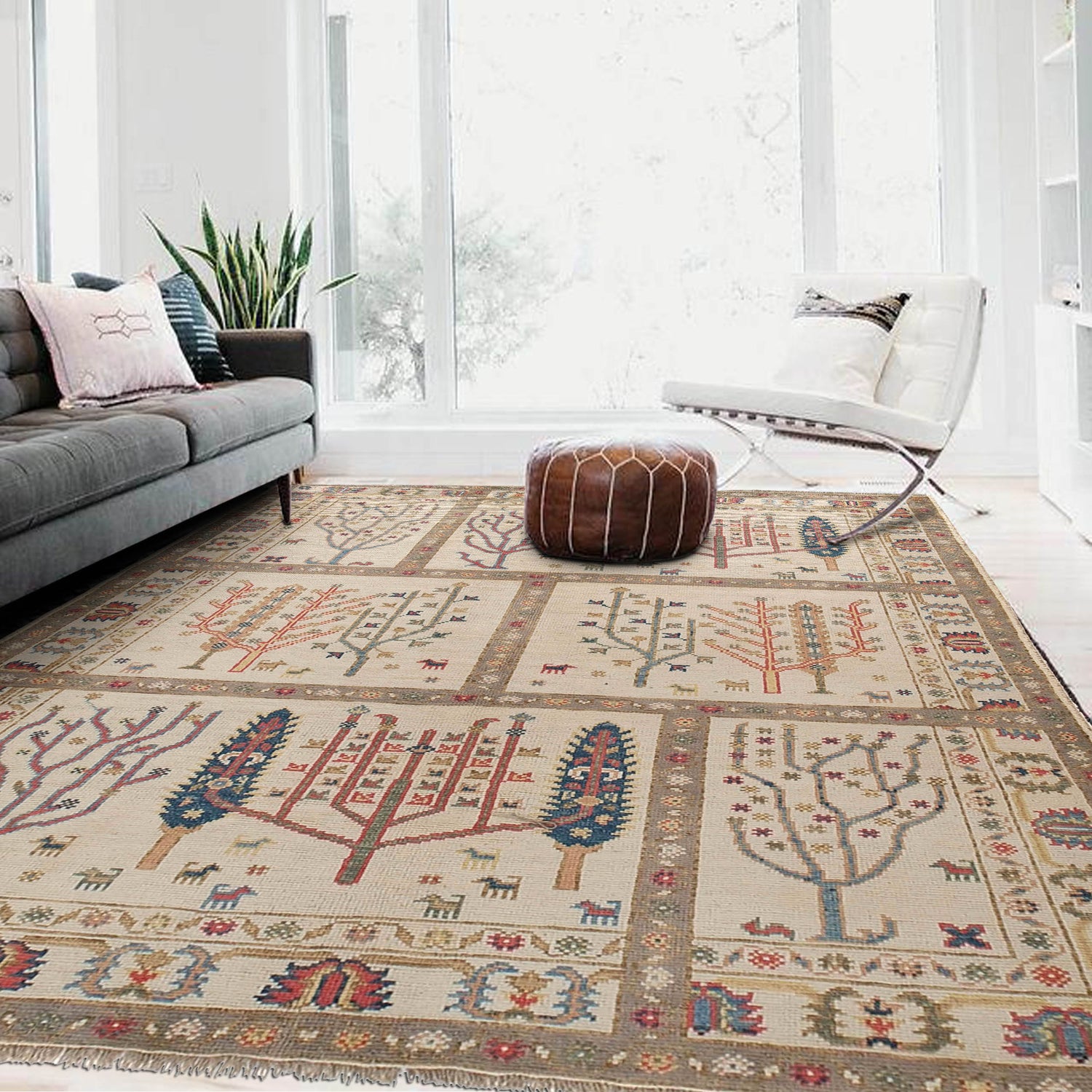 Tree Of Life Area Rug Handmade Beige Floral 5x8 ft
