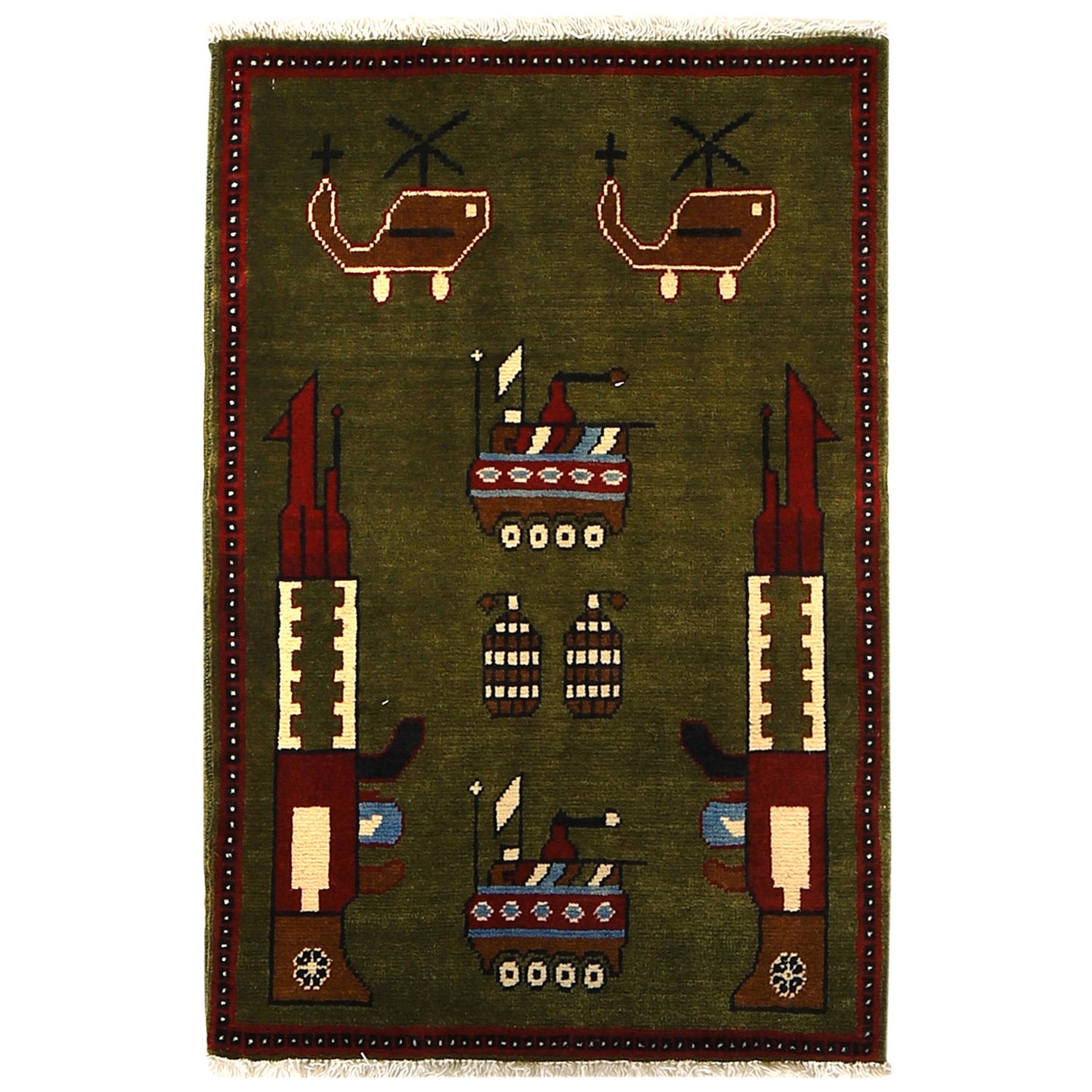 War Area Rug Handmade Green Rifle + Helicopter 2 x 3 ft