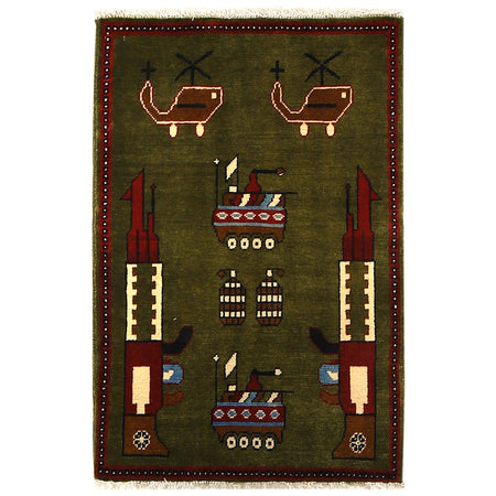 War Area Rug Handmade Green Rifle + Helicopter 2 x 3 ft