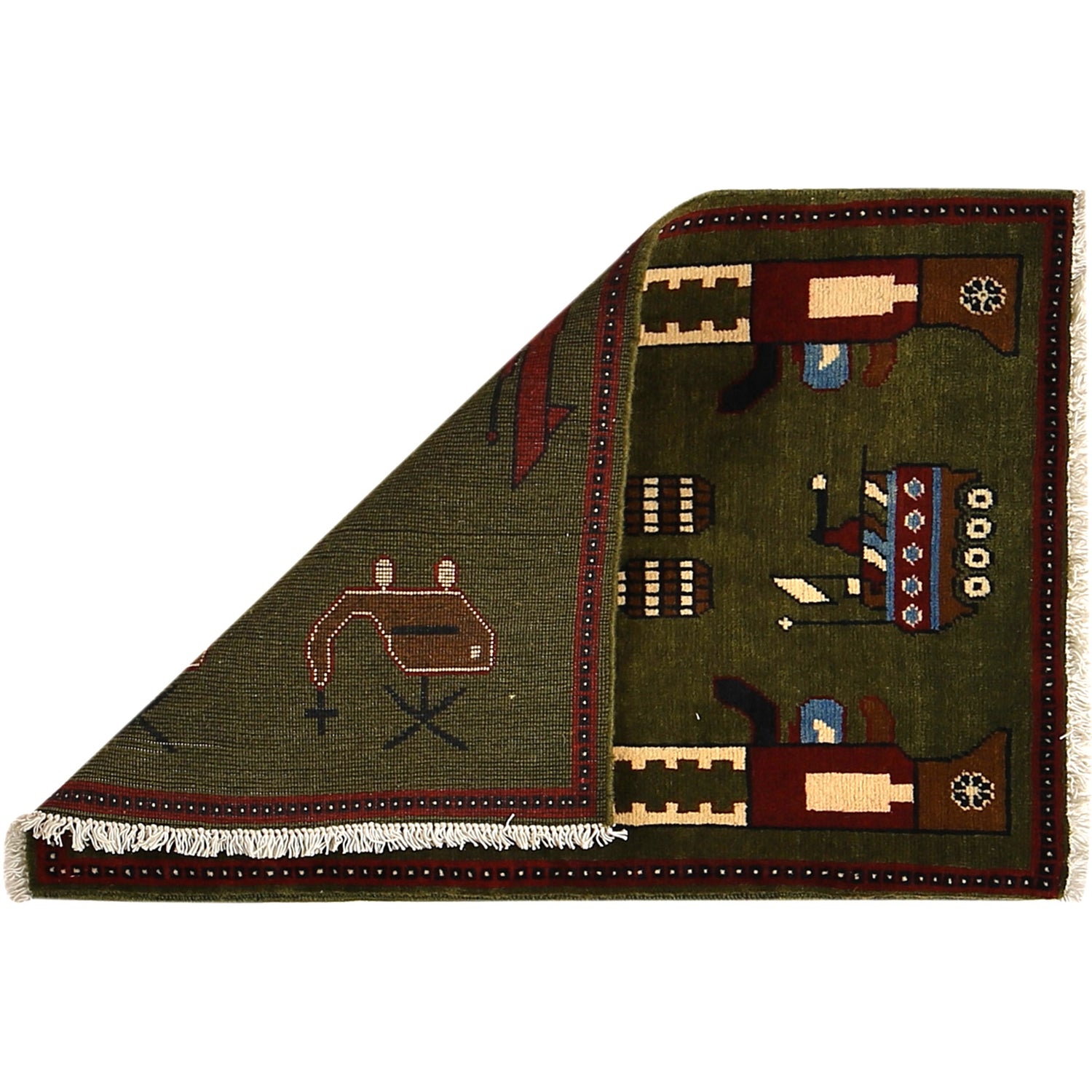 War Area Rug Handmade Green Rifle + Helicopter 2 x 3 ft