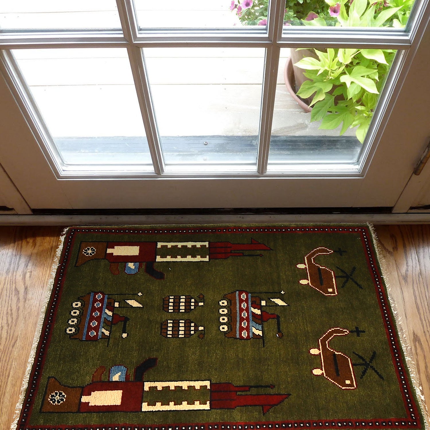 War Area Rug Handmade Green Rifle + Helicopter 2 x 3 ft