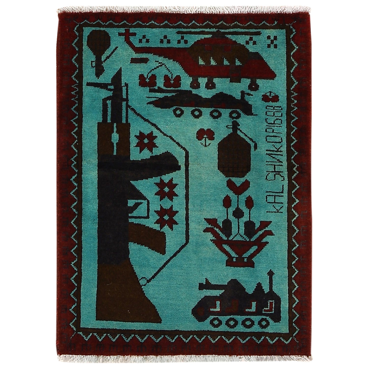 War Area Rug Handmade Blue Rifle + Tank 2 x 3 ft