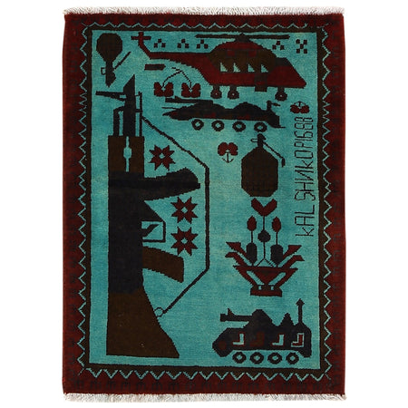 War Area Rug Handmade Blue Rifle + Tank 2 x 3 ft
