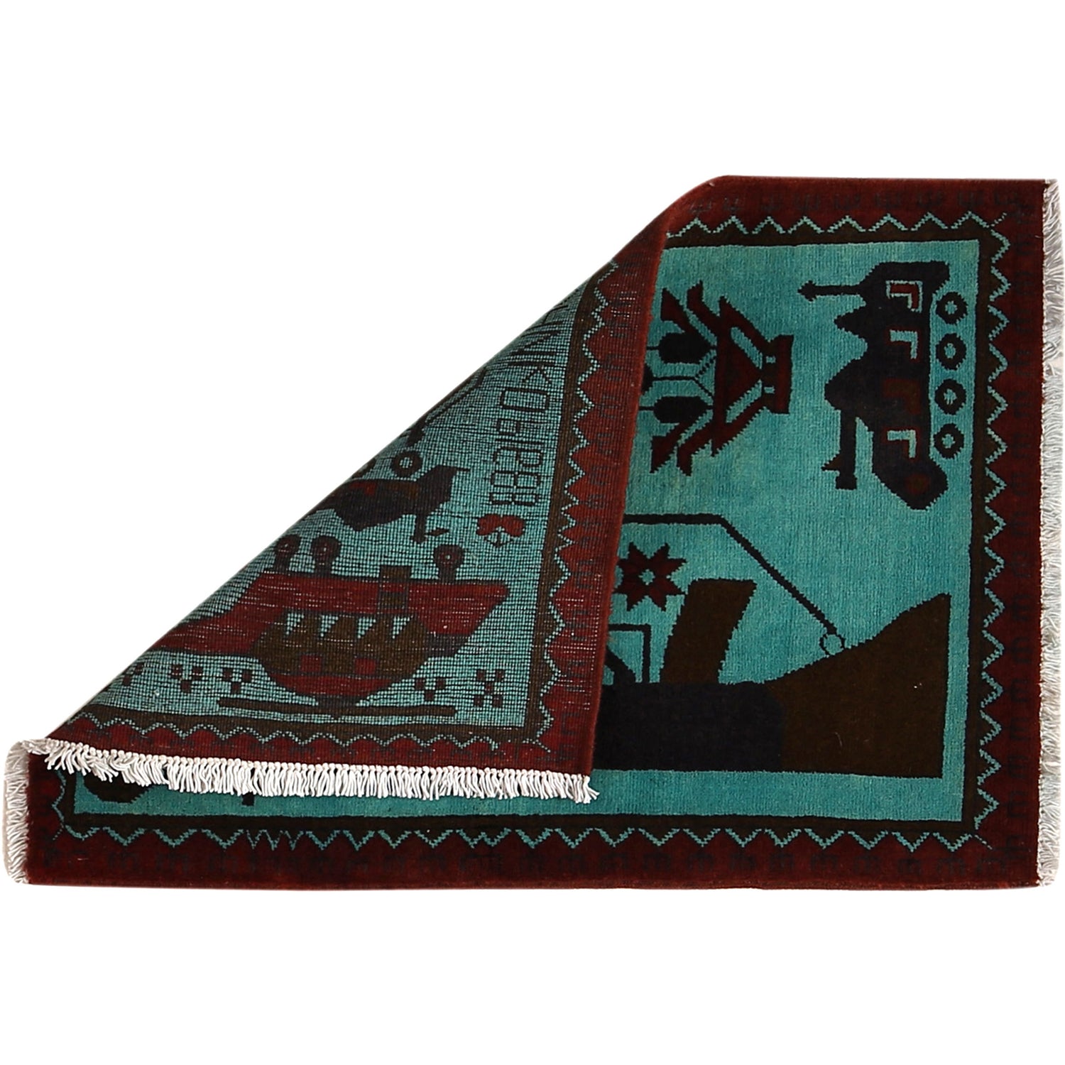 War Area Rug Handmade Blue Rifle + Tank 2 x 3 ft
