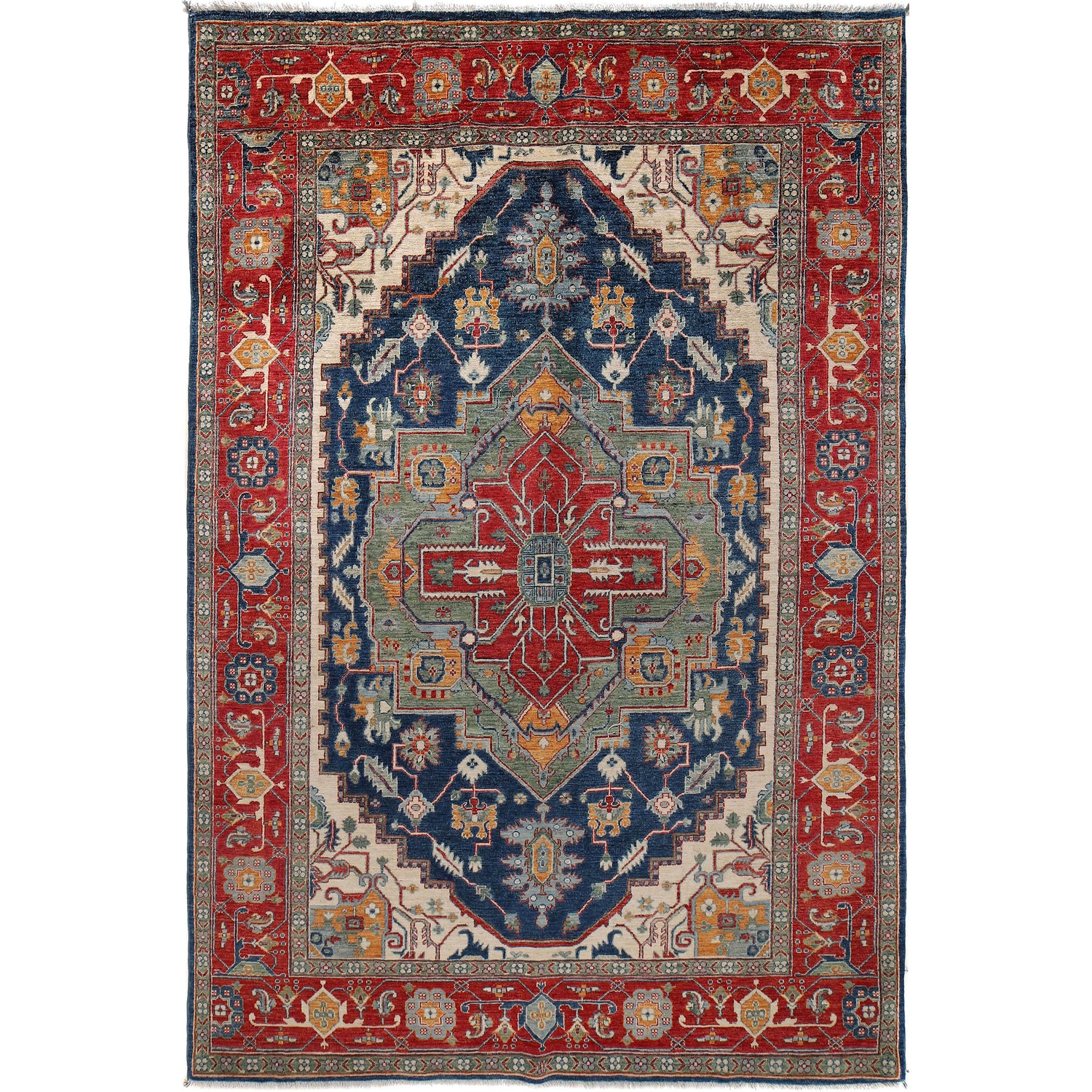 Heriz Area Rug Handmade Blue Medallion 7x10 ft
