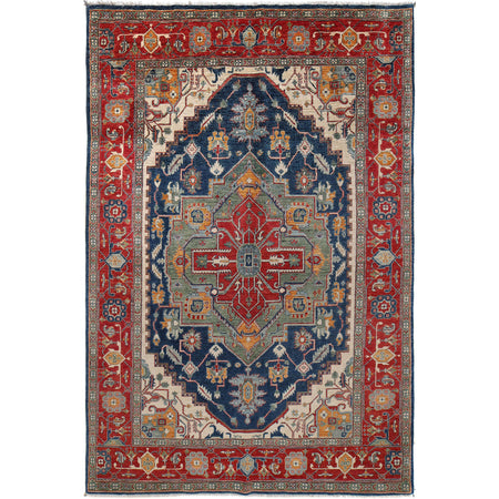 Heriz Area Rug Handmade Blue Medallion 7x10 ft