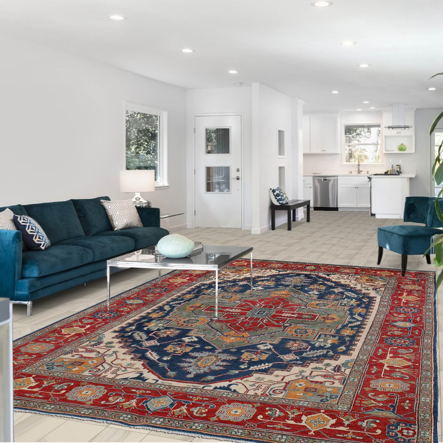 Heriz Area Rug Handmade Blue Medallion 7x10 ft