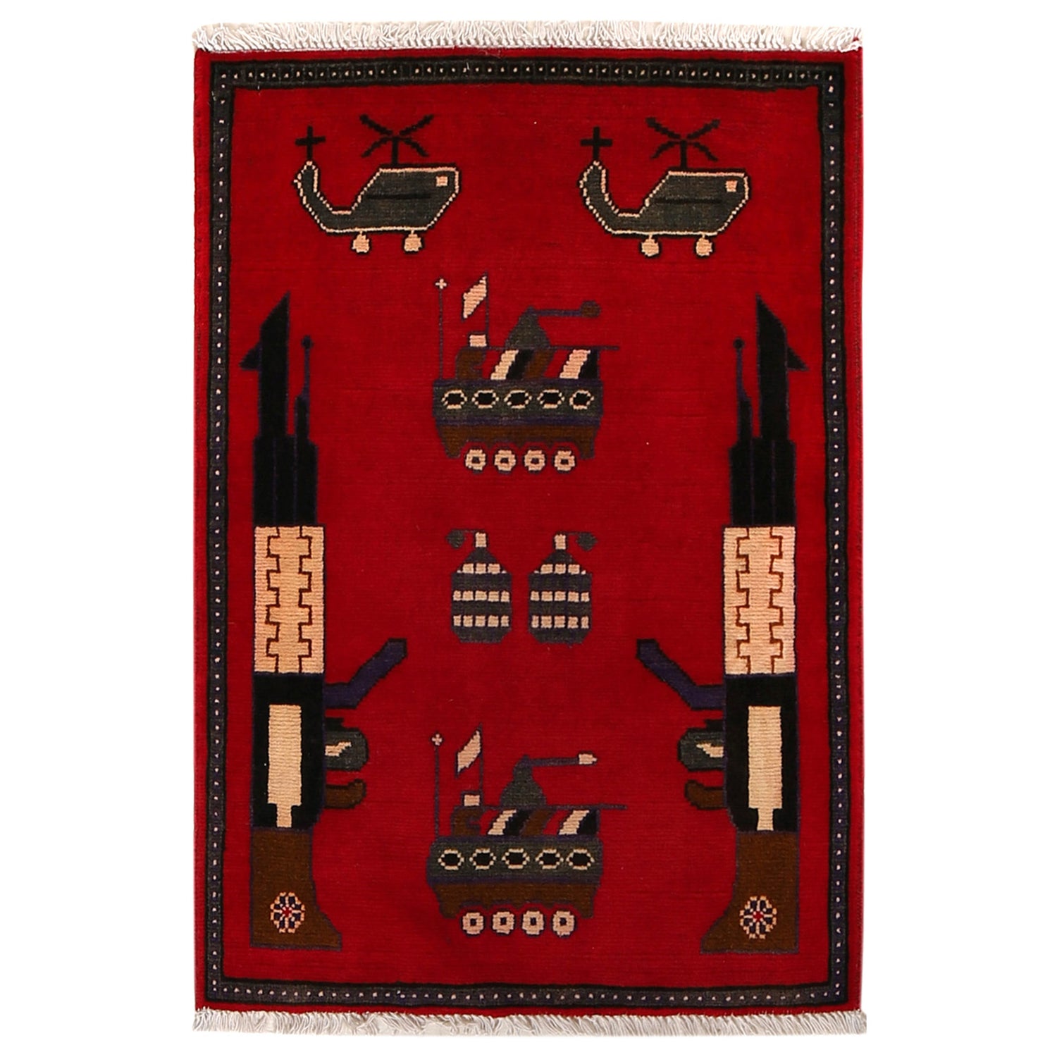 War Area Rug Handmade Red Rifle 2 x 3 ft