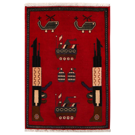 War Area Rug Handmade Red Rifle 2 x 3 ft